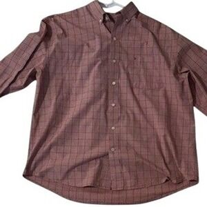 IZOD Button Down Mens 2XL Rust Orange Windowpane Plaid Long Sleeve Shirt 45FW310